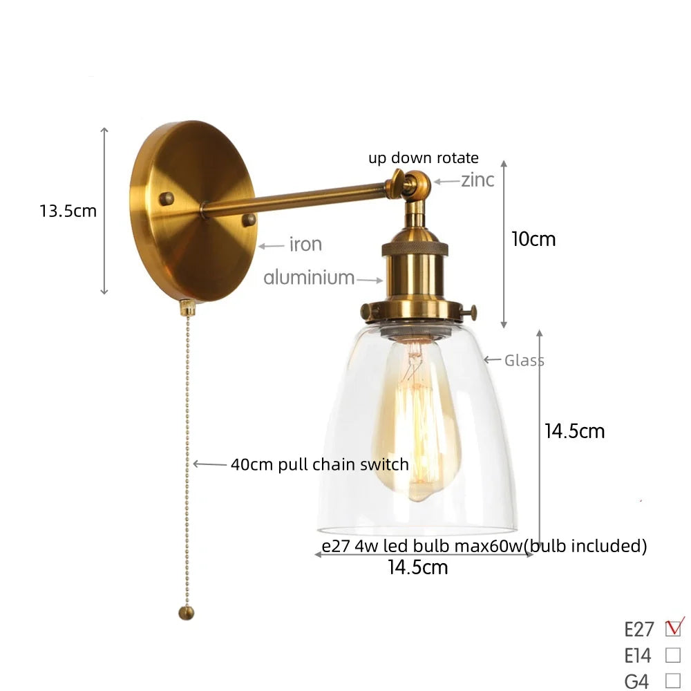 Afralia™ Vintage Single Arm LED Wall Lamp Iron Glass Retro Stair Light