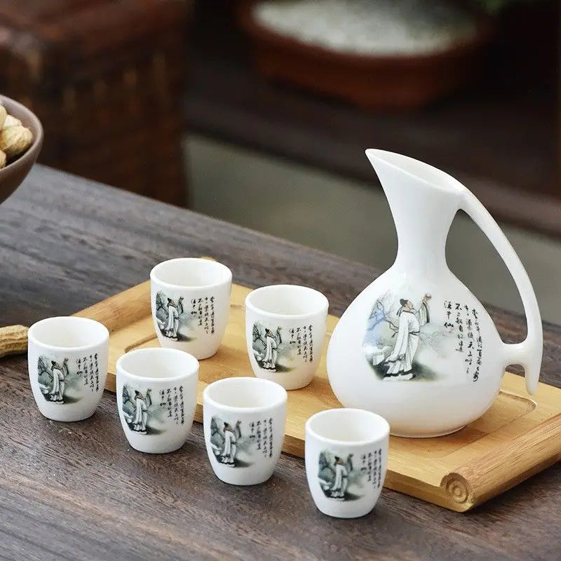 Afralia™ Ceramic Wine Set Dispenser Antique Pot Liquor Cup Warming Container