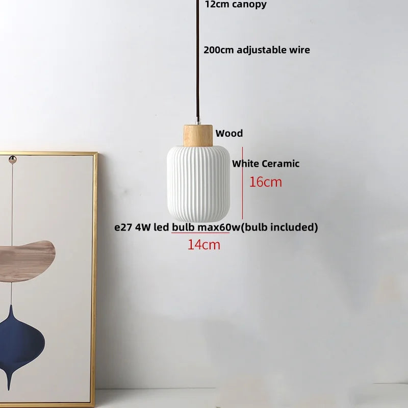 Afralia™ Nordic LED Pendant Light Wood White Ceramic Hanging Lamp