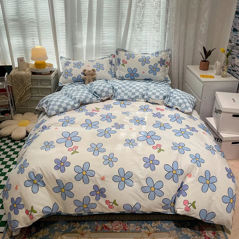Afralia™ Flowers Print Cotton King Size Bedding Set, Soft & Comfortable Duvet Cover Set