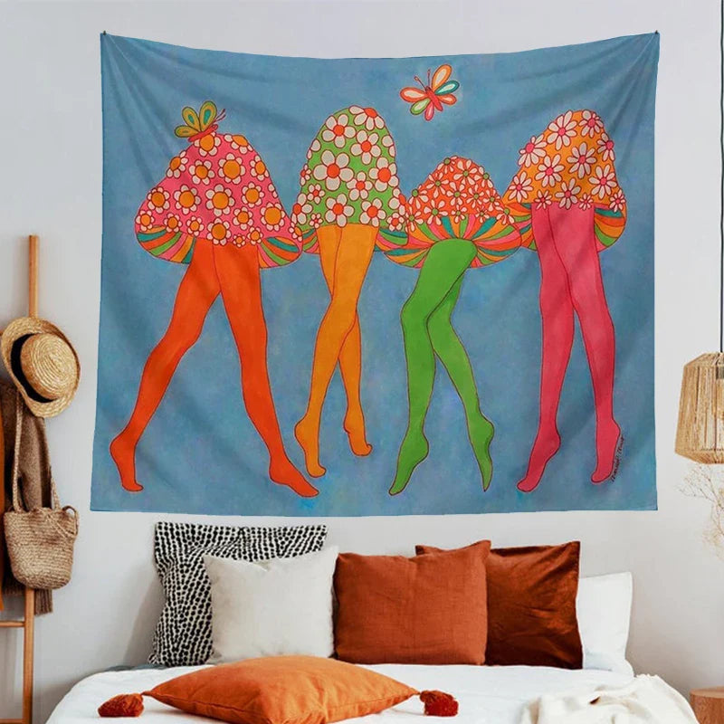 Afralia™ Mushroom Dance Tapestry Wall Hanging Psychedelic Wall Art Vintage 80S Poster