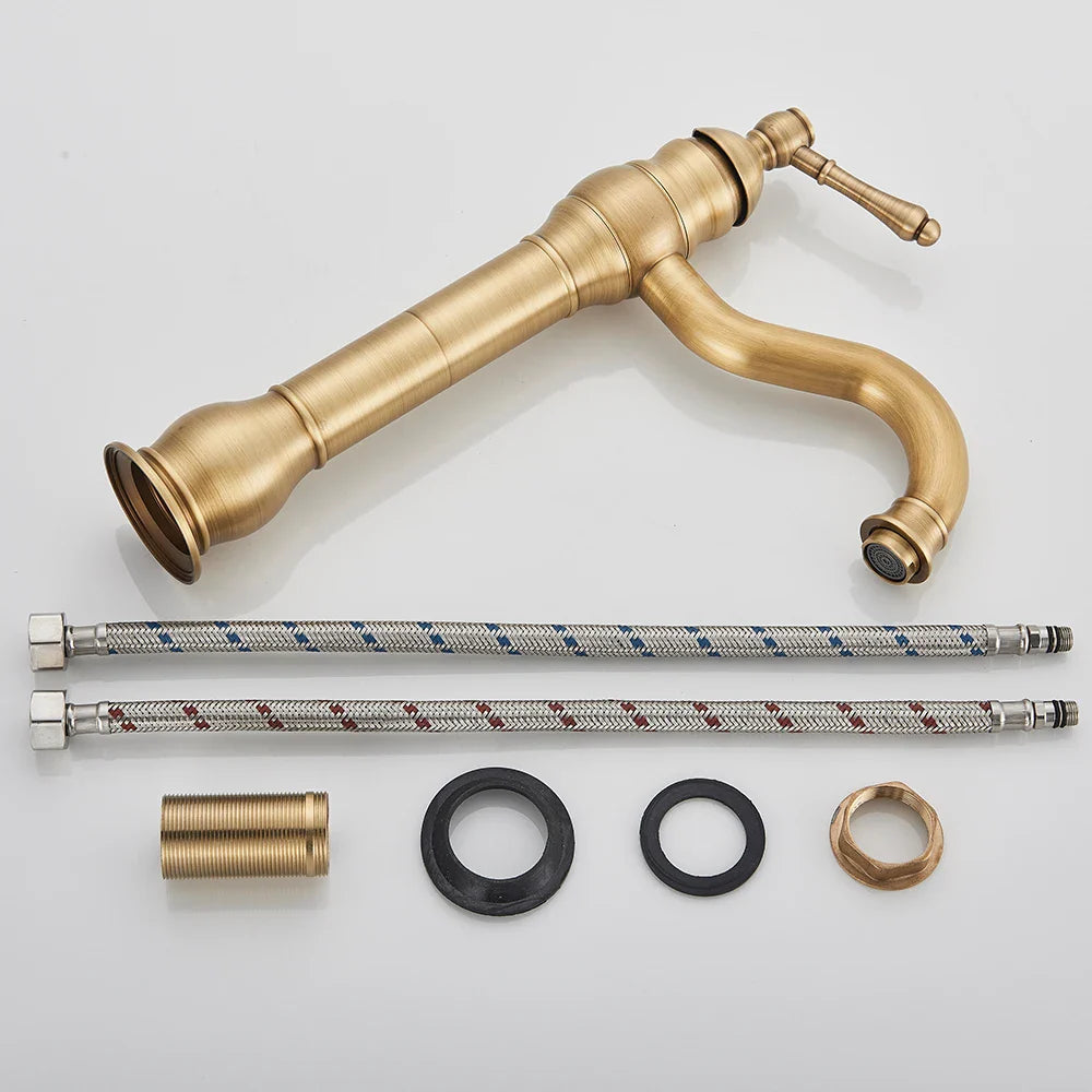 Afralia™ Antique Brass Basin Faucet Hot Cold Mixer Tap Single Handle Sink Faucet