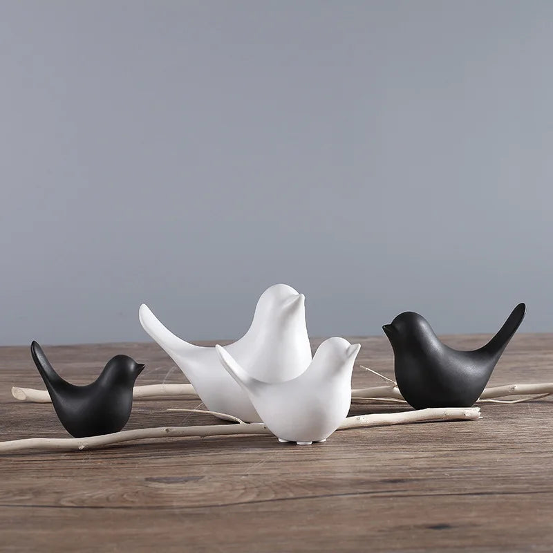 Afralia™ Bird Figurine Set Nordic Ceramic Black White Table Sculptural Ornament
