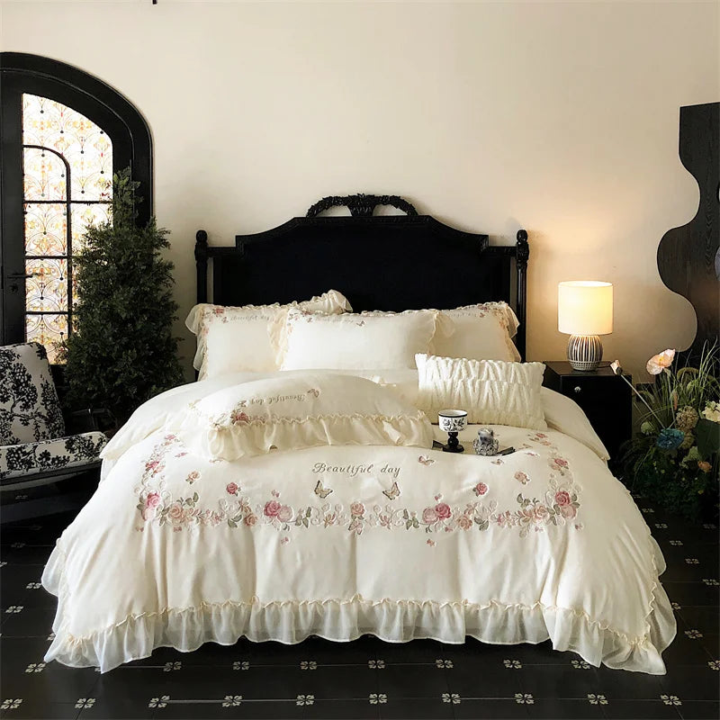 Afralia™ Rose Butterfly Embroidery Velvet Bedding Set with Lace Details