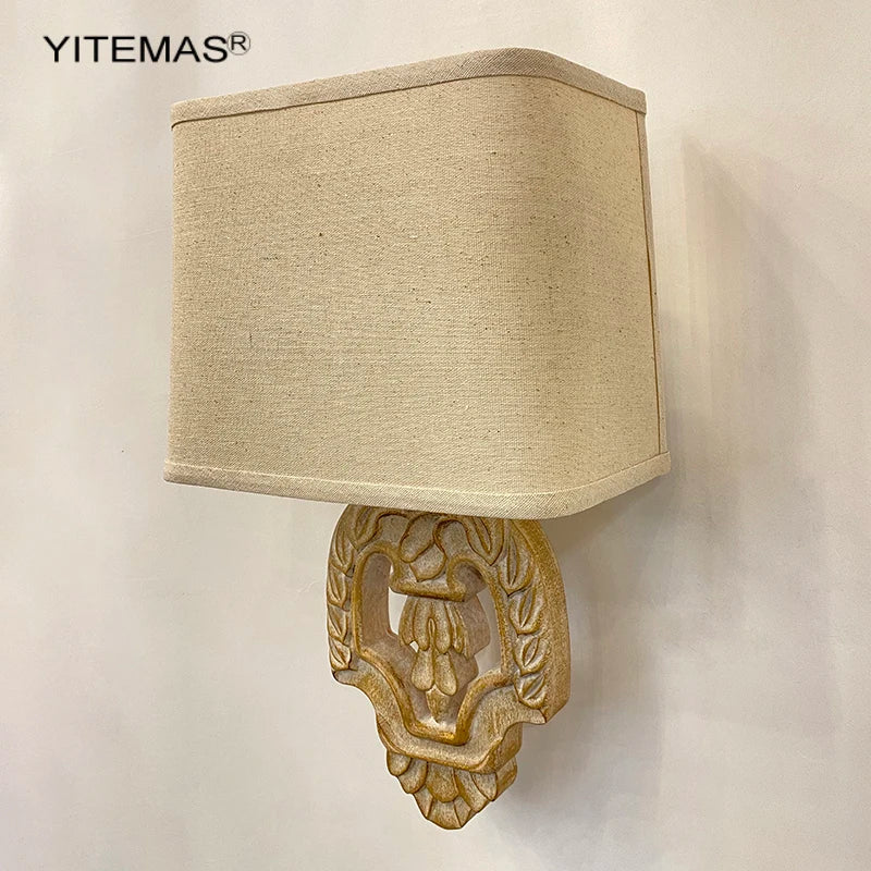 Afralia™ Vintage Wooden Fabric Shade Wall Sconce for Bedroom and Living Room