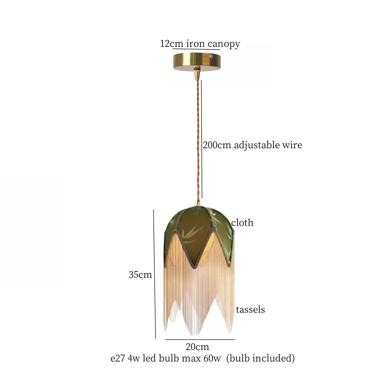 Afralia™ Green Tassel LED Pendant Light - American Vintage Hanging Lamp for Home and Café.
