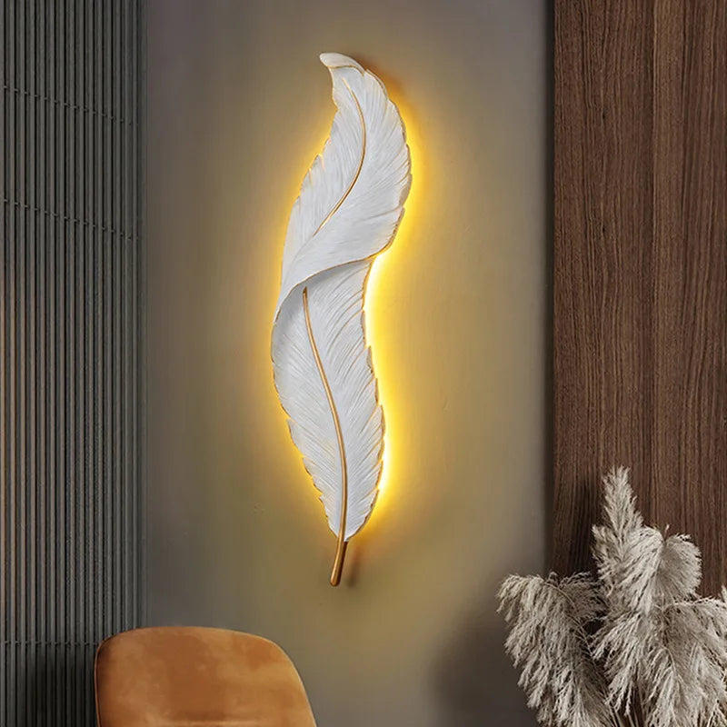 Afralia™ White Feather LED Wall Light Modern Night Lamp Decoration Bedroom Sconce