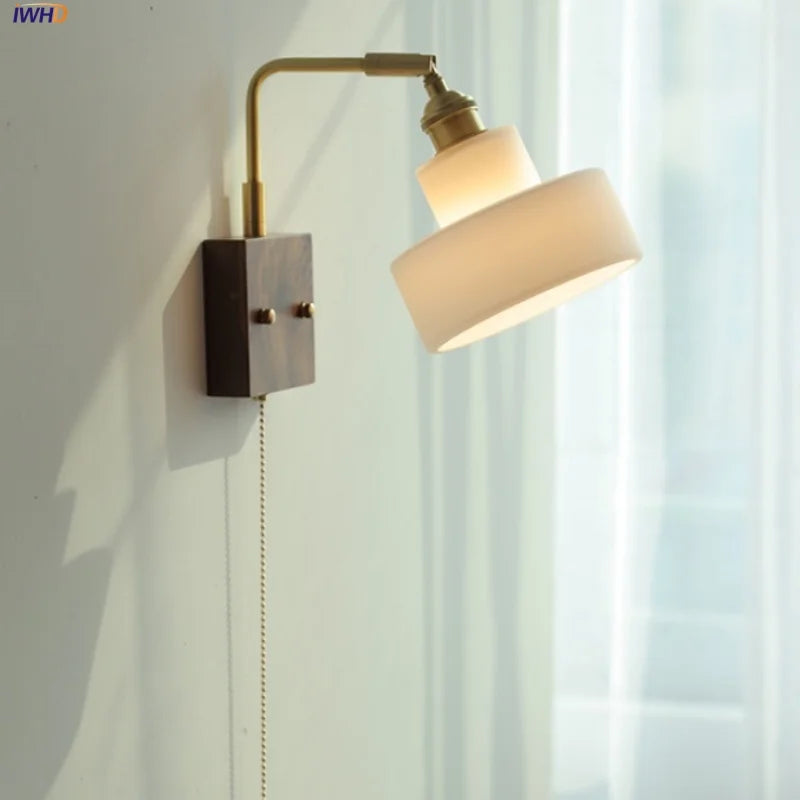Afralia™ White Glass LED Wall Light Fixture Walnut Wood Brass Pull Chain Switch
