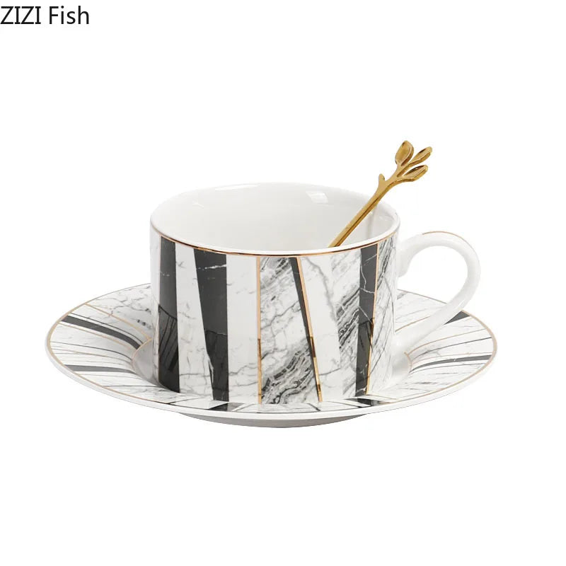 Afralia™ Gilded Marble Texture Ceramic Cup & Saucer Set for Dining Table Tea & Coffee