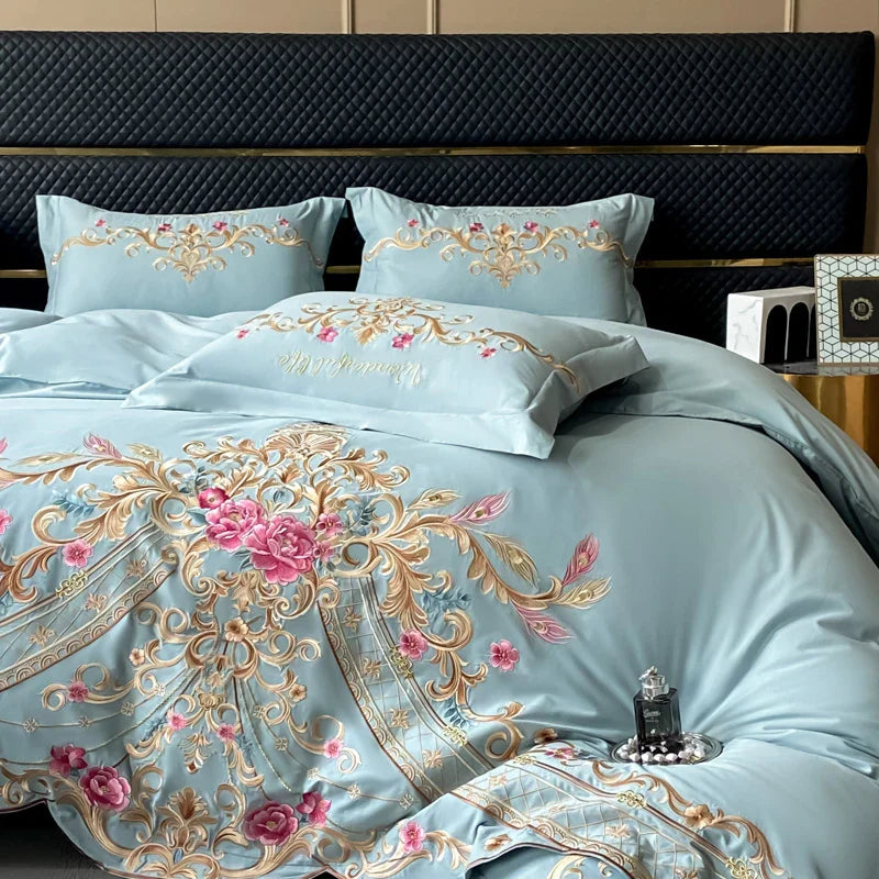 Afralia™ Exquisite Flowers Embroidery Bedding Set: Queen King Duvet Cover, Sheet, Pillowcases