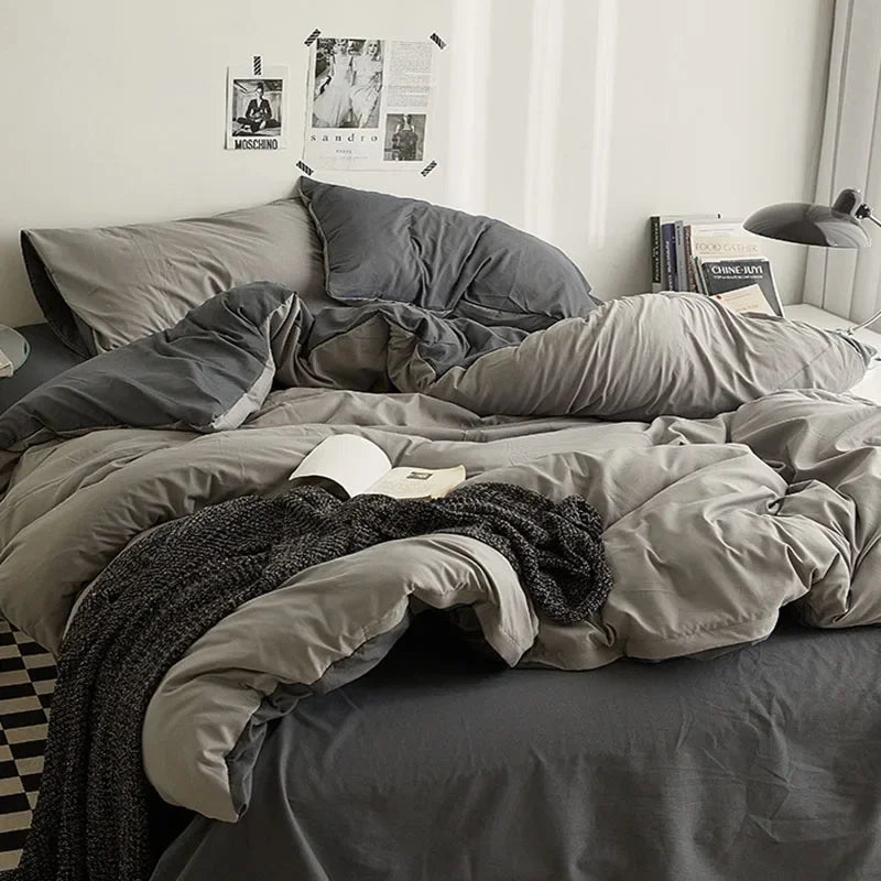 Afralia™ Washed Cotton Duvet Cover Set: Solid Color Bed Sheet Style, Double-Sided Color Matching Comfort, Bedding