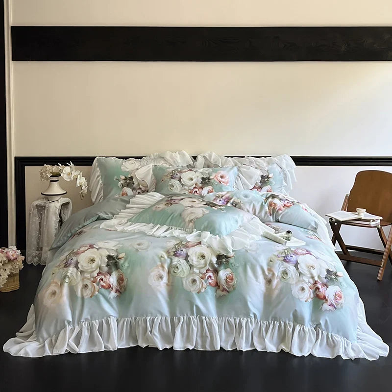 Afralia™ French Flowers Lace Ruffles Bedding Set: Soft Silky Ice Silk for Single Queen King