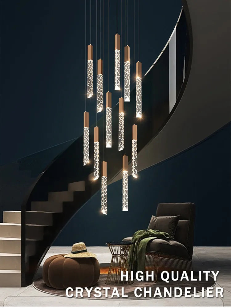 Afralia™ Luxury Crystal Column LED Chandelier Pendant for Staircase Home Decor
