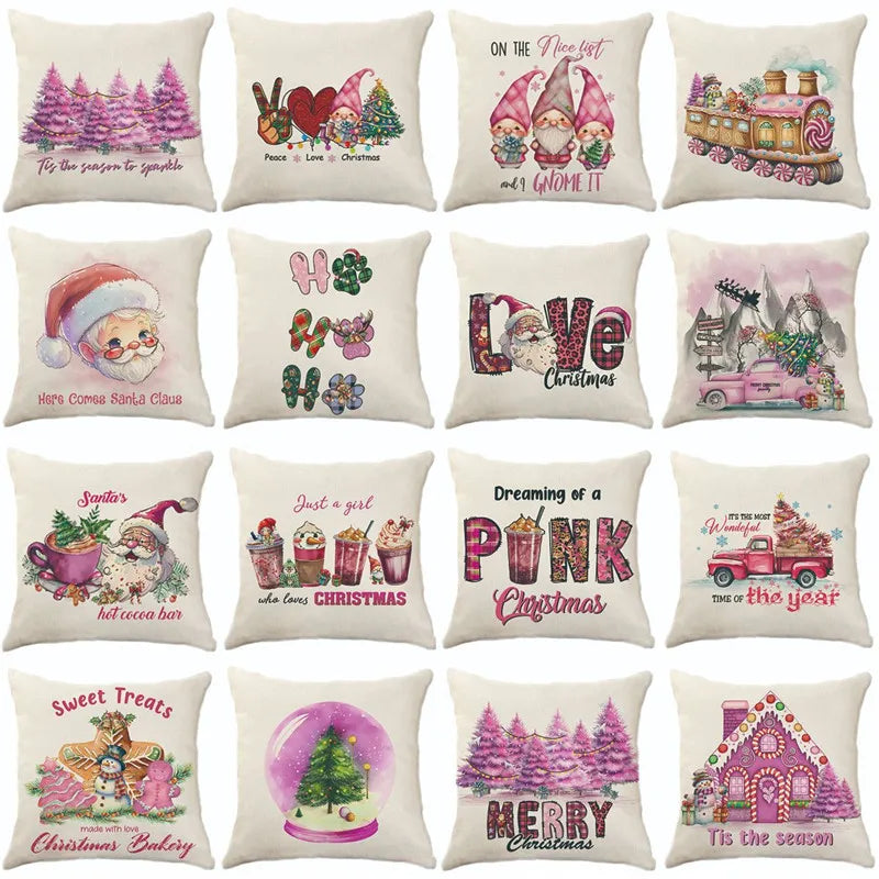 Afralia™ Pink Christmas Tree Linen Cushion Cover for Home Decor
