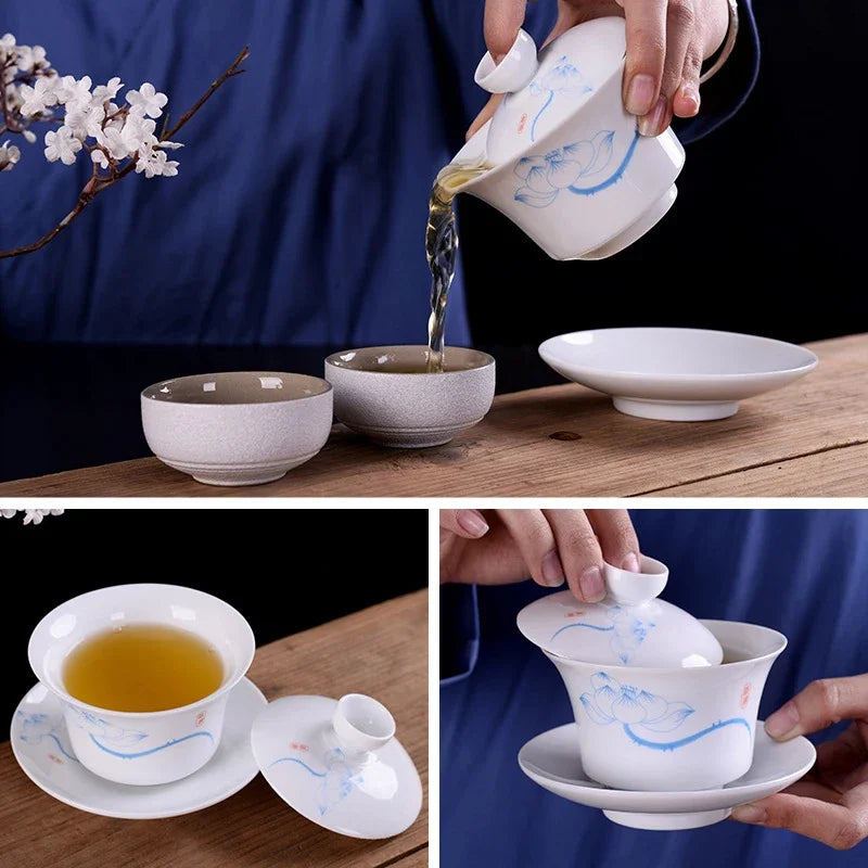 Afralia™ Blue & White Porcelain Gaiwan Tea Set Puer Tea Cups Soup Bowl with Lid