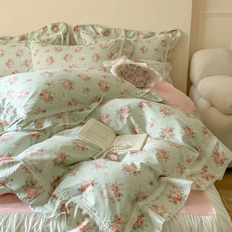 Afralia™ Lace Ruffles Floral Velvet Patchwork Duvet Cover Bedding Set