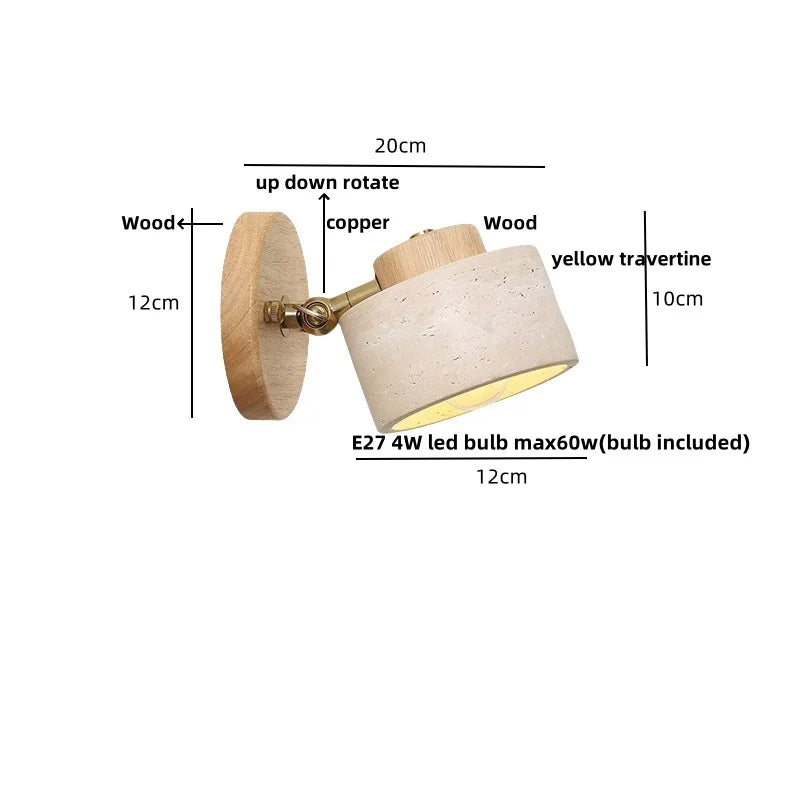 Afralia™ Yellow Travertine Stone Natural Wood LED Wall Light Bedside Lamp