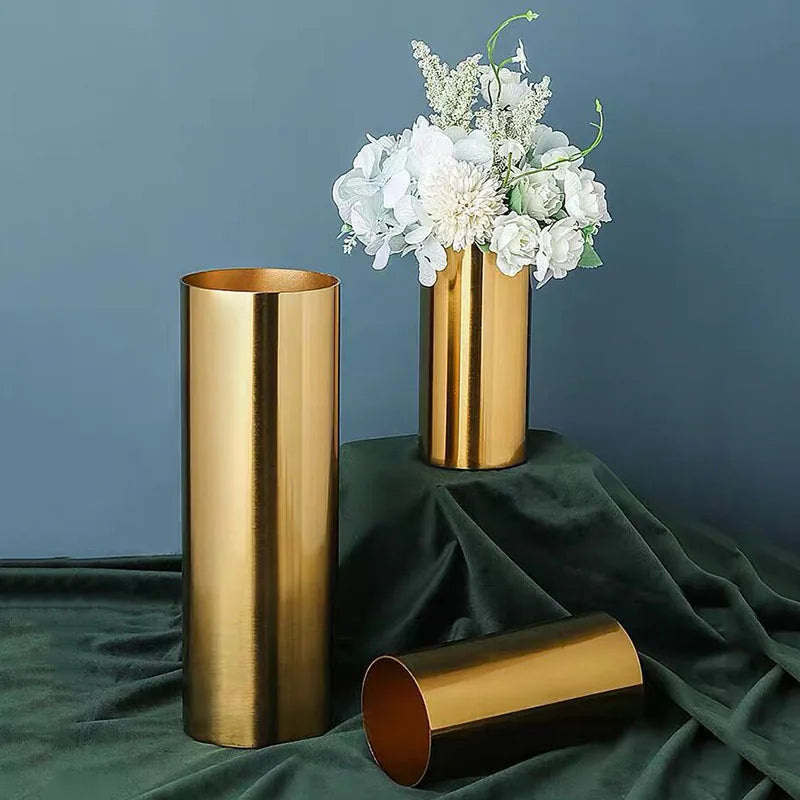 Afralia™ Gold Plated Cylinder Vase Desk Decor - Minimalist Modern Home Decor & Flower Arrangement