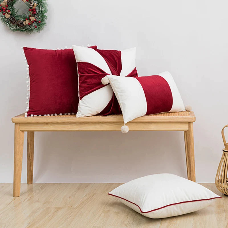 Christmas Red White Pompom Ball Cushion Covers by Afralia™