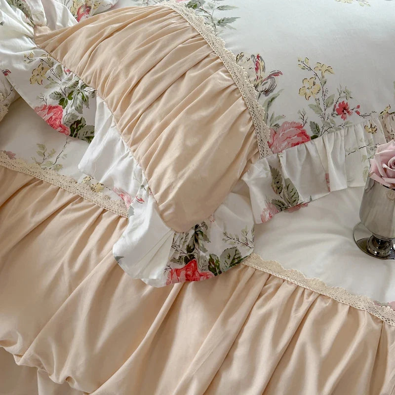 Afralia™ Korean Princess Style Floral Cotton Bedding Set with Ruffles