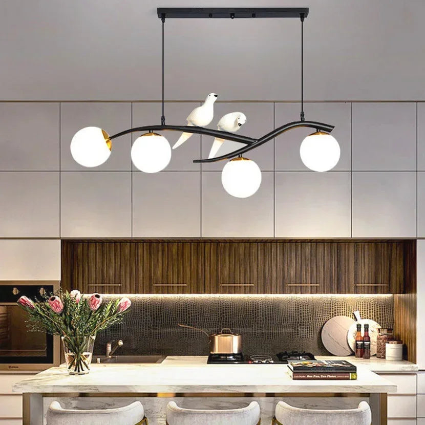 Afralia™ Birds Hanging Glass LED Chandelier in Black & Gold Iron - Modern Kitchen Island Light
