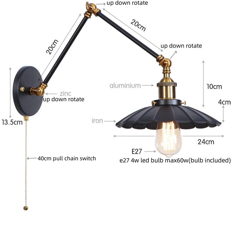 Afralia™ Black Iron LED Wall Light Fixture Industrial Vintage Adjustable Long Arm
