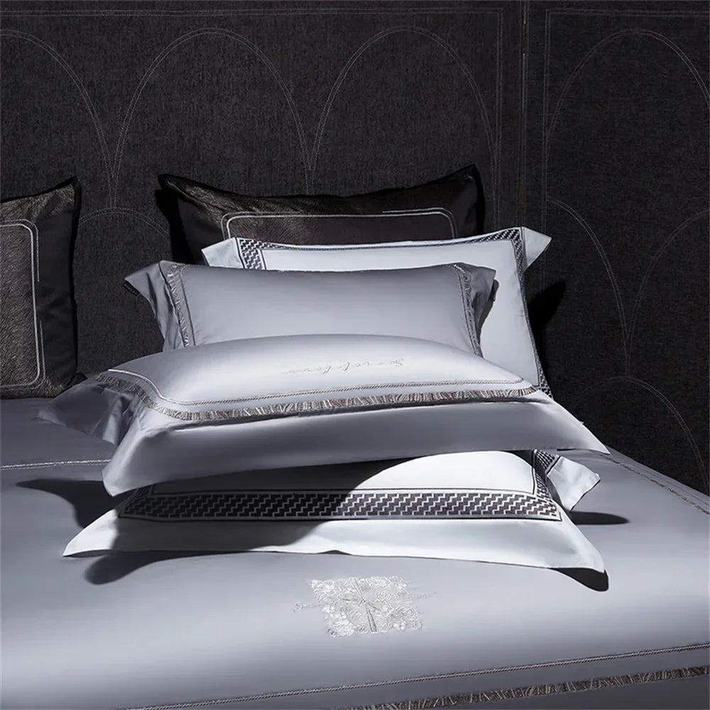 Afralia™ Cotton Satin Jacquard Embroidery Bedding Set with Elastic Sheet & Duvet Cover