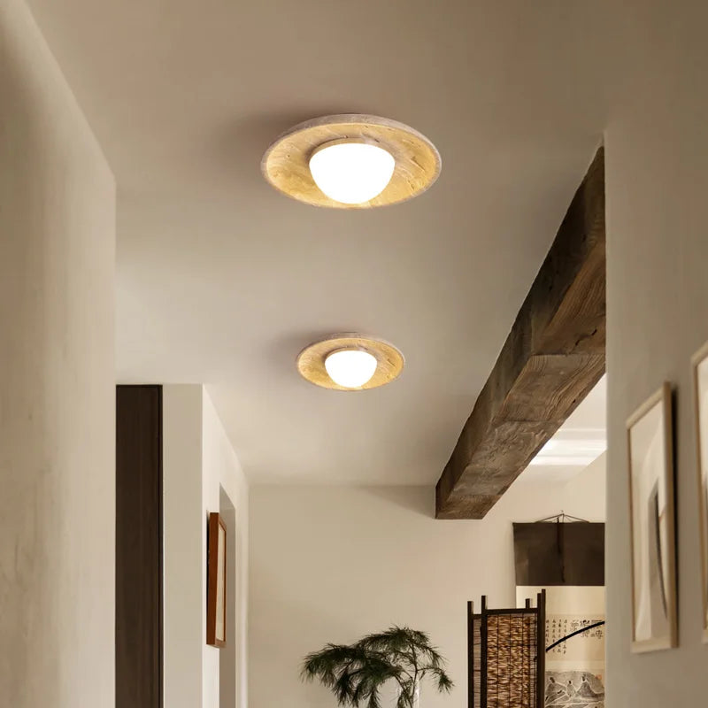 Afralia™ Acrylic LED Ceiling Lamp Yellow Travertine Wood Canopy Wabi Sabi Style