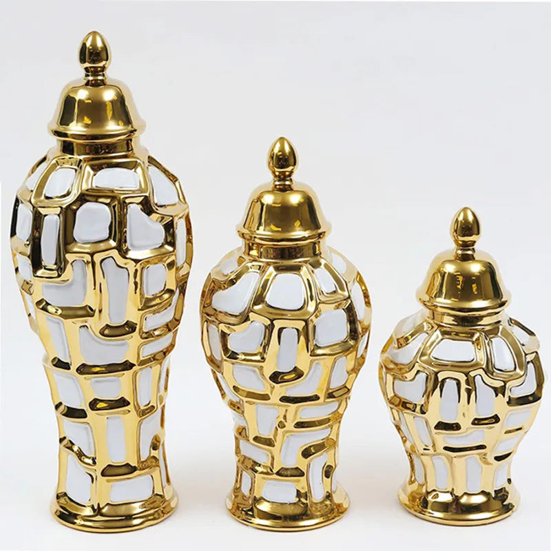 Afralia™ Gold Plaid Ceramic General Jar - Vintage Decorative Ornaments