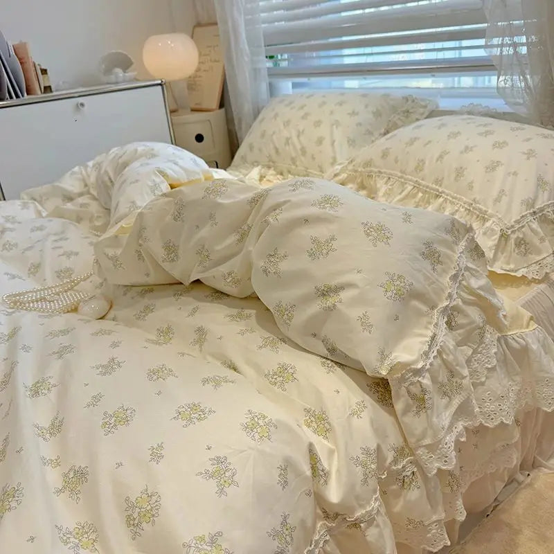 Afralia™ Princess Style Lace Ruffles Bedding Set - 100% Cotton, 3/4Pcs, Korean Design