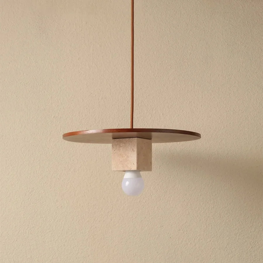 Afralia™ Round Wood LED Pendant Light | Yellow Travertine Stone | Wabi Sabi Home Decor