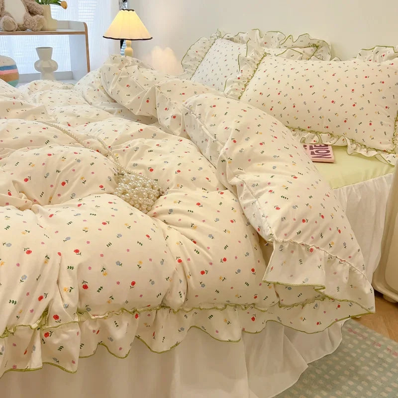Afralia™ Lace Bedding Set: Printed Design, Single Queen Size, Cozy Quilt Cover, Fitted Sheet, 2 Pillowcases