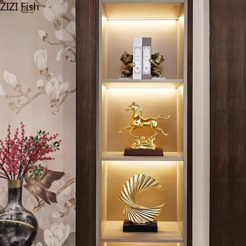 Afralia™ Golden Horse Mascot Resin Statue Artwork for Aesthetic Room Decor