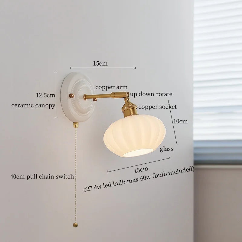 Afralia™ White Glass LED Wall Lights Pull Chain Switch Copper Arm - Bedroom Stair Living Room Mirror Bedside Lamp