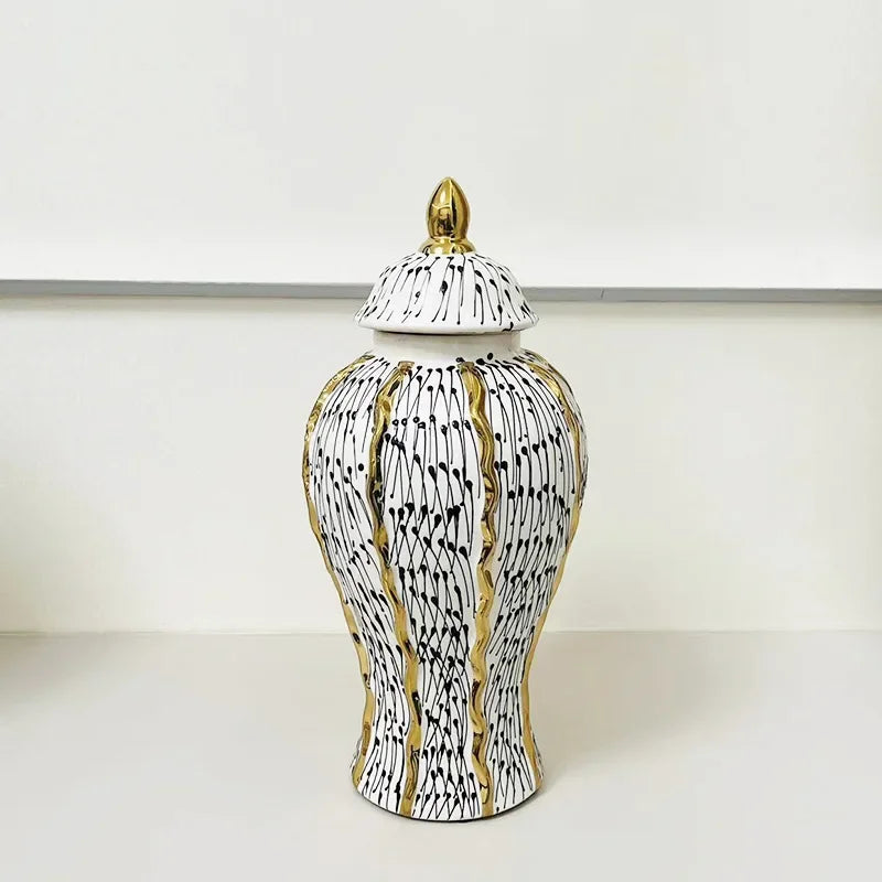 Afralia™ Checkmate Gold Border Spot Vase: Porcelain Handicraft Flower Storage Tank