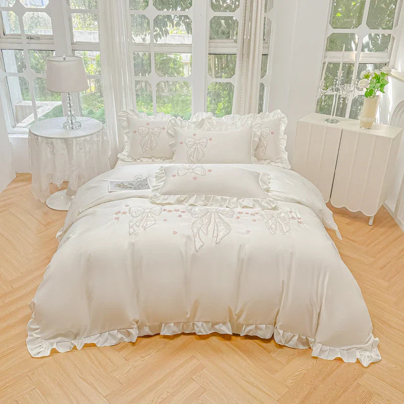Afralia™ Ice Silk Embroidered Ruffles Duvet Set with Cool & Skin-Friendly Feel