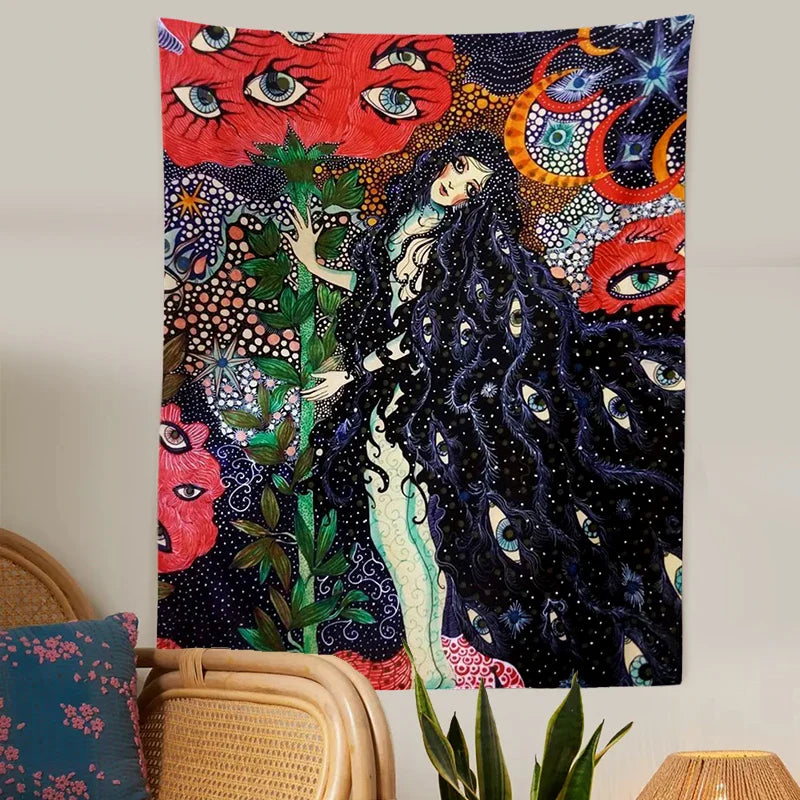 Afralia™ Psychedelic Celestial Floral Wall Hanging Tapestry for Dorm Decor