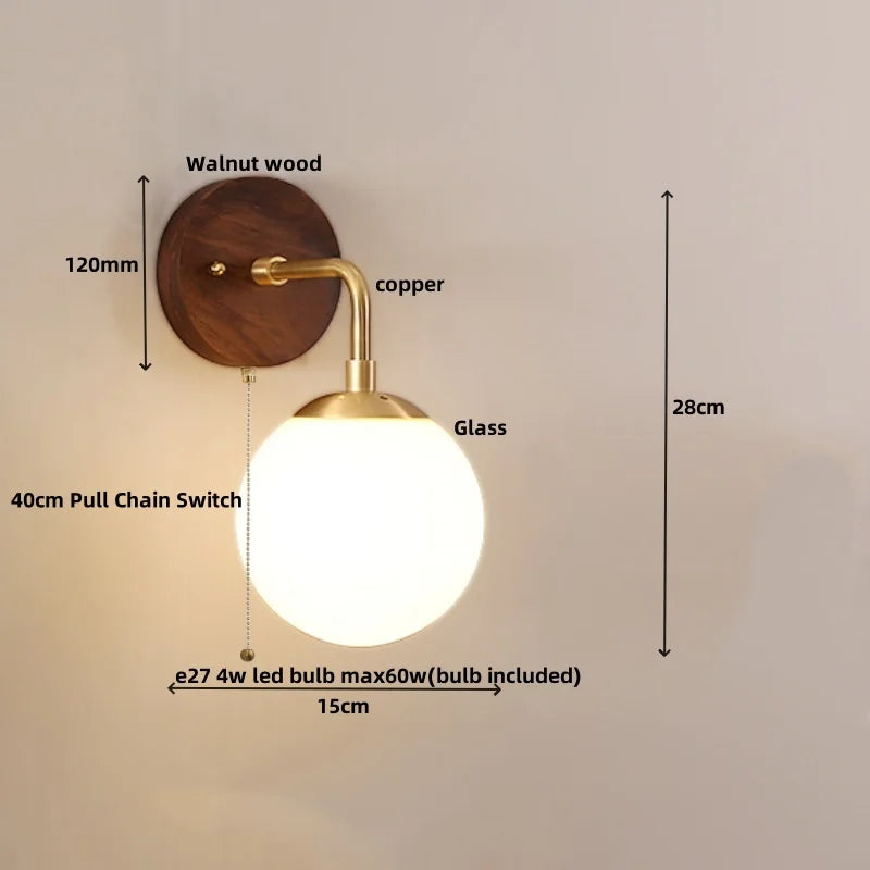 Afralia™ Wood Glass LED Wall Sconce Pull Chain Switch Bathroom Vanity Light
