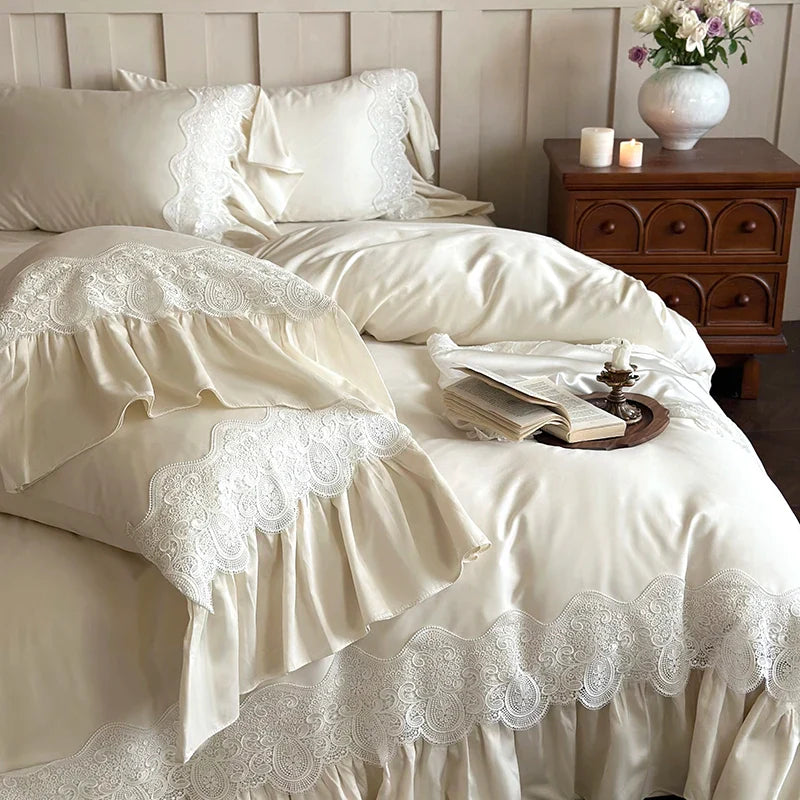 Afralia™ French Lace Ruffle Princess Wedding Bedding Set with Brushed Duvet Cover & 2 Pillowcases