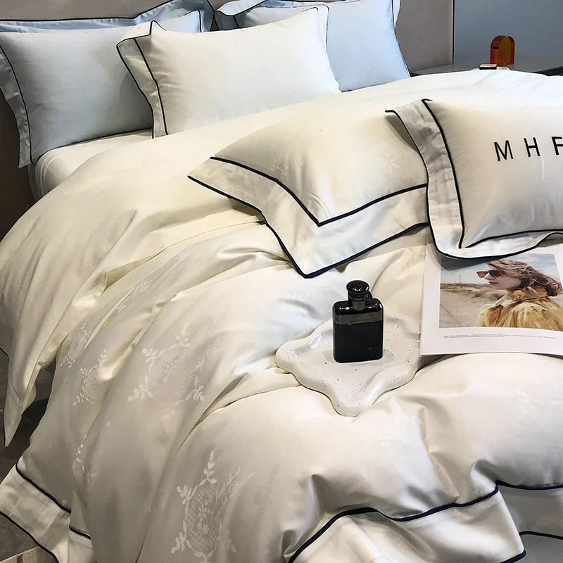 Afralia™ Jacquard Satin & Egyptian Cotton Patchwork Bedding Set - 4pcs