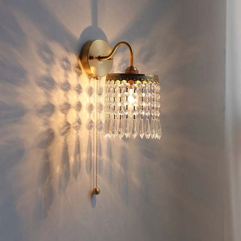 Afralia™ Crystal LED Wall Sconce Brass Mirror Light Modern Nordic Pull Chain Switch