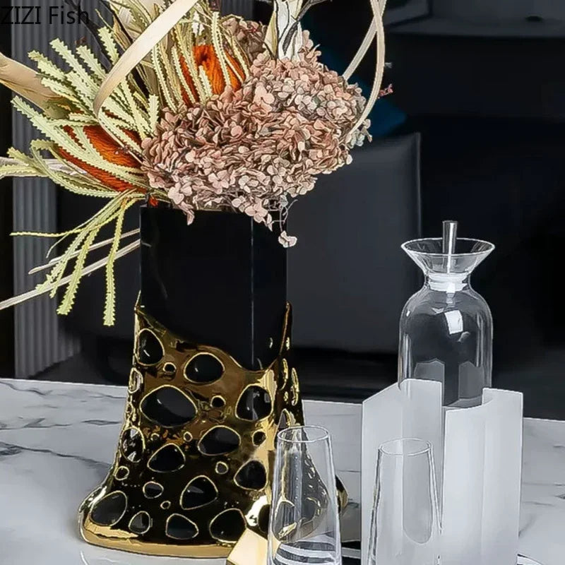 Afralia™ Gold Plated Hollowed Vase for Desk Decoration and Floral Arrangement