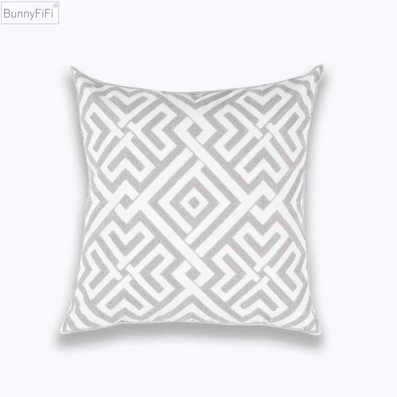 Afralia™ Geometric Embroidered Cushion Cover Light Grey Cotton 45x45cm