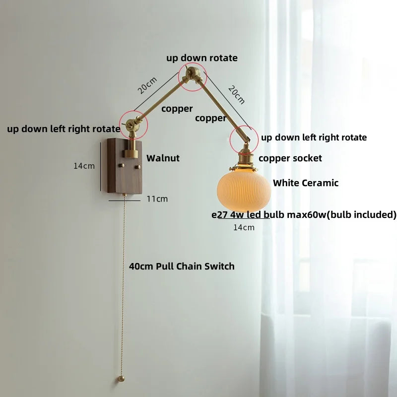 Afralia™ Ceramic Ball Brass Walnut Wood Wall Light with Pull Chain Switch