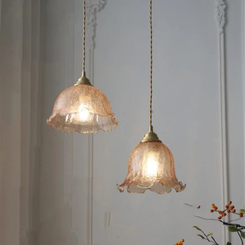 Afralia™ Amber Glass LED Pendant Lamp Walnut Wood Copper Hanging Light
