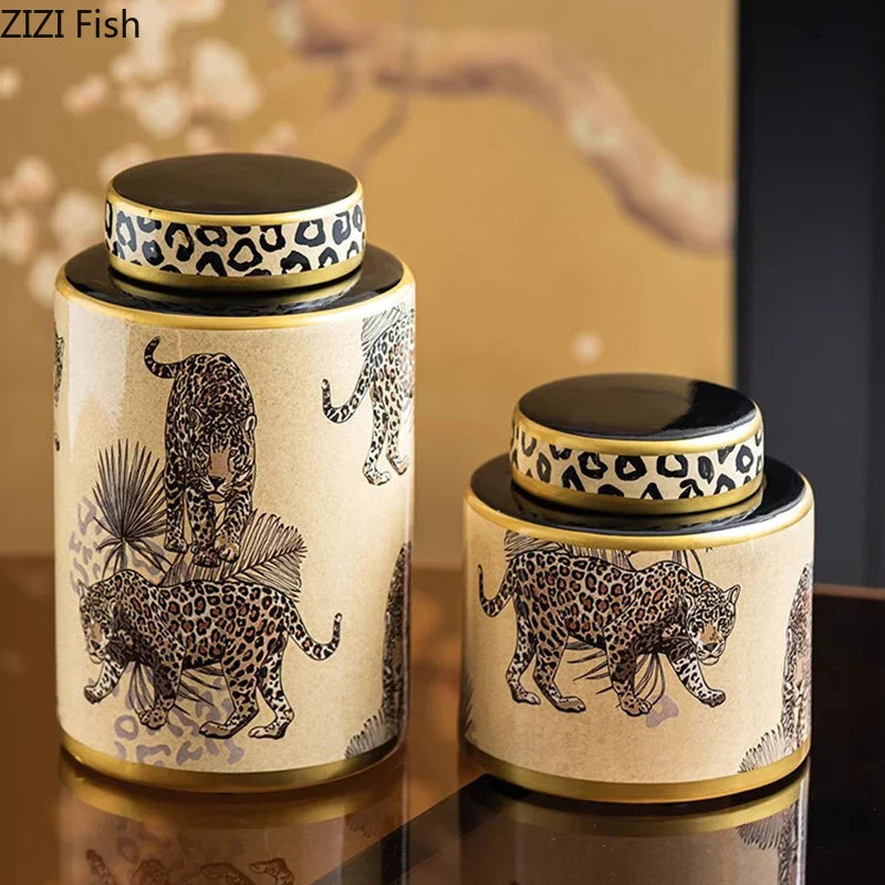 Afralia™ Leopard Pattern Tank Ceramic Storage Jar with Lid for Jewelry and Cosmetics