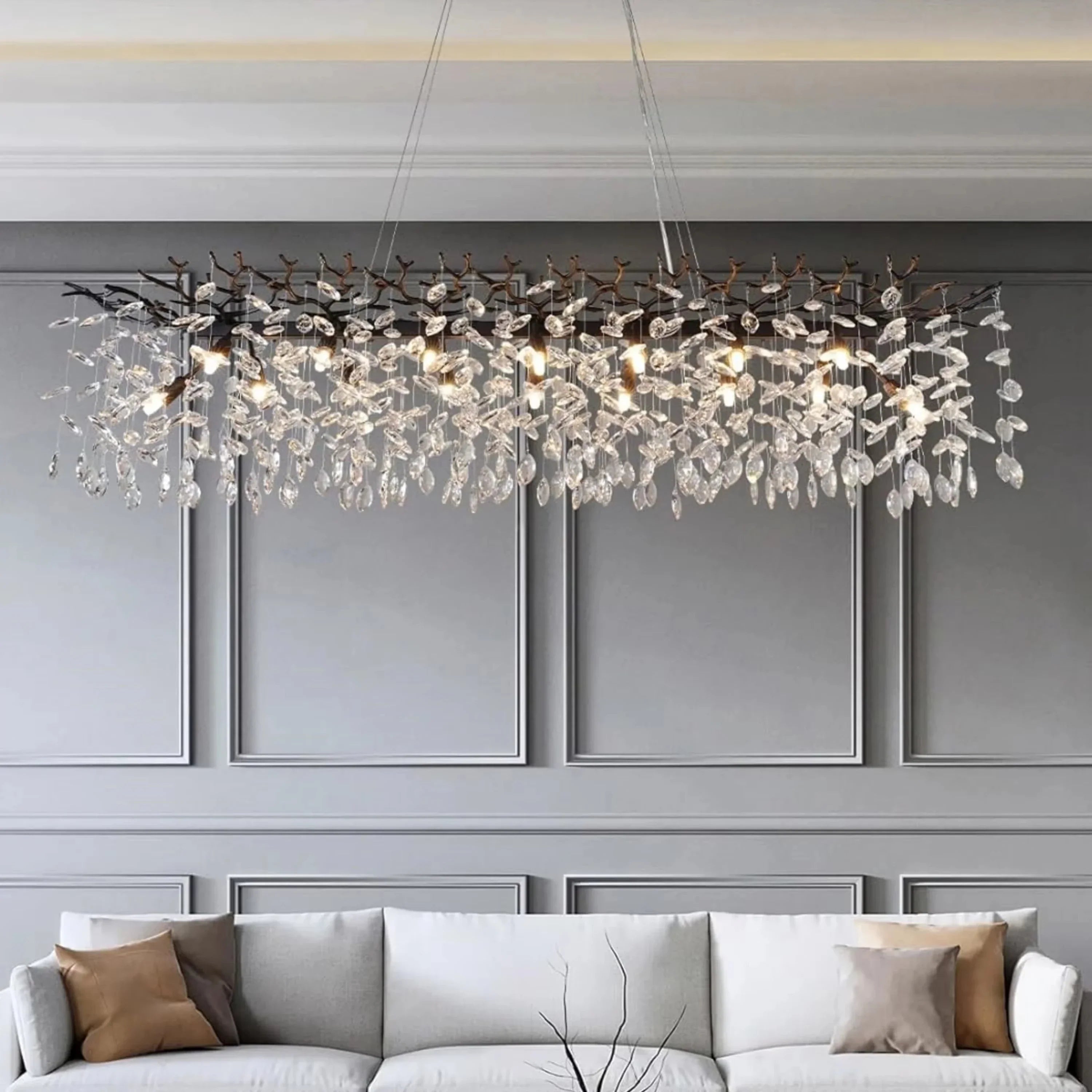 Afralia™ Black Branch Crystal Chandelier - Modern Rectangular Pendant Light for Dining Room-Living Room-Kitchen