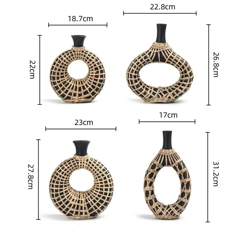 Afralia™ Rattan Vase: Geometric Ceramic & Straw Plaited Floral Arrangement Home Decor