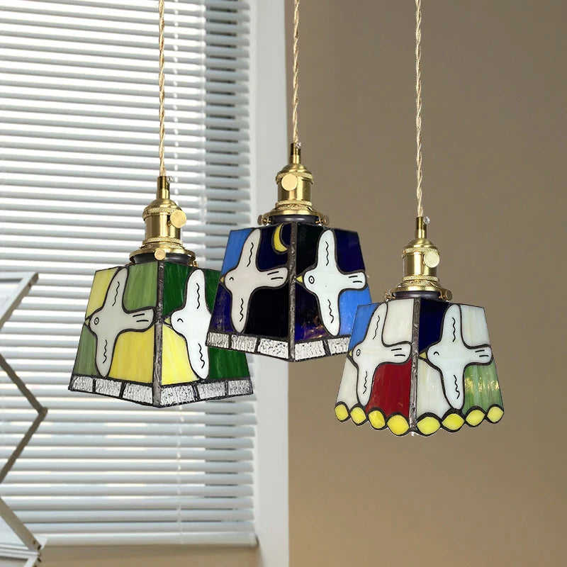 Afralia™ Peace Dove Tiffany Style LED Pendant Lamp - Colorful Glass, Copper Knob Switch