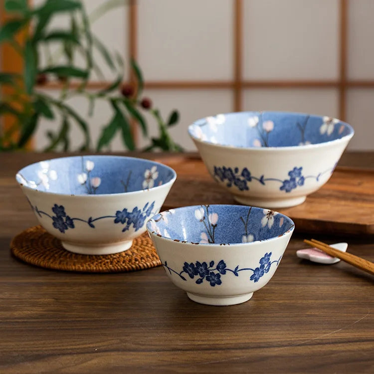 Afralia™ Sakura Blue Ceramic Dining Set - Soup Bowl and Flat Plate Combination